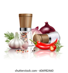 Colored and realistic spices vegetables composition with fresh vegetables and flavorings to dishes vector illustration