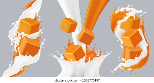 Colored realistic splashes caramel icon set with caramel cubes and milk splashes vector illustration