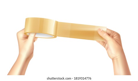 Colored and realistic sticky golden and shiny adhesive tape in hands composition vector illustration