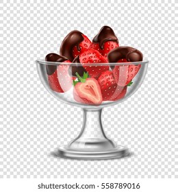 Colored realistic strawberry in chocolate composition with berries in a crystal glass vector illustration