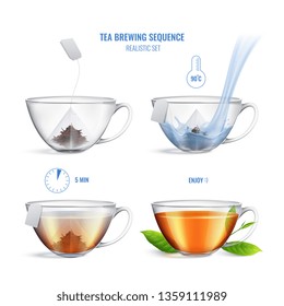 Colored and realistic tea brewing sequence composition with four steps and instructions vector illustration