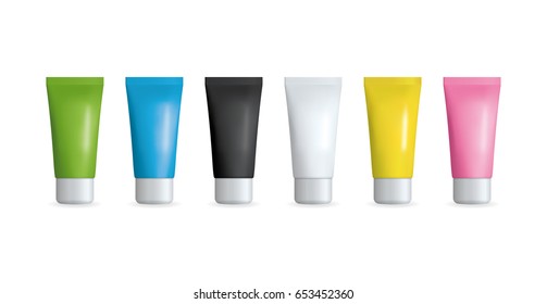 Colored Realistic Tube For Cream. Cosmetic Template Set. Isolated Vector illustration.