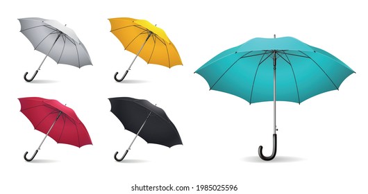 Colored realistic umbrella icon set with different sizes and colors white yellow red black and light blue vector illustration