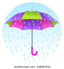 Colored realistic umbrella. Open umbrella with rain drops on blue sky background. Vector illustration