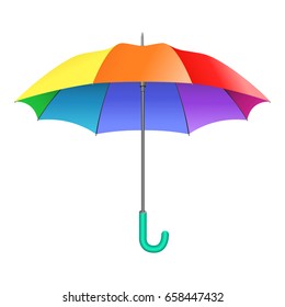 Colored realistic umbrella. Open umbrella in rainbow colors isolated on white background. Vector illustration