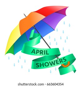 Colored realistic umbrella. Open umbrella in rainbow colors and text april showers on green ribbon. Vector illustration