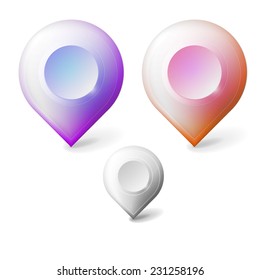 Colored realistic vector icons for markers geolocation. Set of three colored realistic vector icons for markers geolocation isolated on white background.