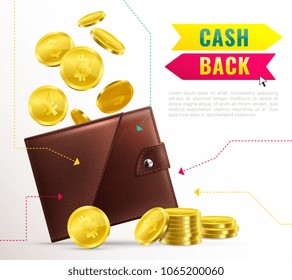 Colored realistic wallet poster with cash back headline and brown leather wallet with cash vector illustration