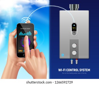 Colored realistic water heater smart banner smartphone and water heater with wifi in smart home vector illustration