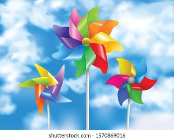 Colored and realistic wind mill toy sky illustration in three sizes and styles vector illustration