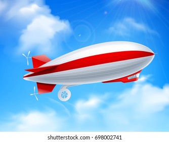 Colored and realistic zeppelin on sky composition with big dirigible in the sky vector illustration