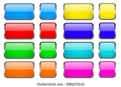 Colored rectangle glass 3d buttons with metal frames. Vector illustration isolated on white background
