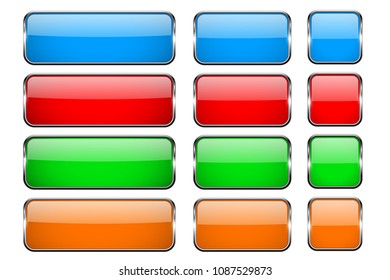 Colored rectangle glass 3d buttons with metal frames. Vector illustration isolated on white background