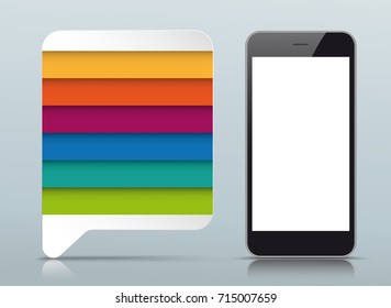 Colored rectangle paper speech bubble with 6 options and black smartphone on the gray background. Eps 10 vector file.