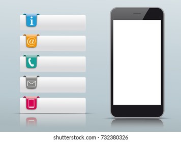 Colored rectangle paper tabs with 5 options and black smartphone on the gray background. Eps 10 vector file.