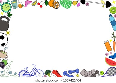 Colored rectangular horizontal frame of healthy lifestyle objects, flat vector healthy lifestyle