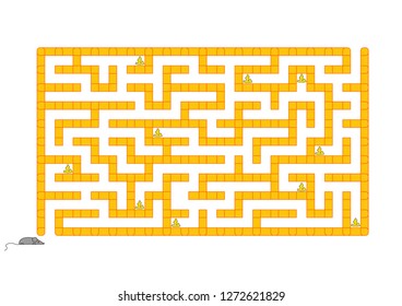 Colored rectangular labyrinth. Help the mouse to collect all the cheese. Game for kids. Puzzle for children. Maze conundrum. Flat vector illustration isolated on white background