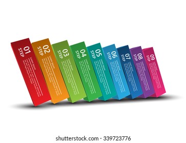 Colored Rectangular Prism 3D With  Number and Text Information, 9 Options, Vector Illustration.