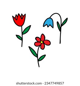 Colored red and blue Vector illustration of a group of three different flowers with leaves isolated on a white background