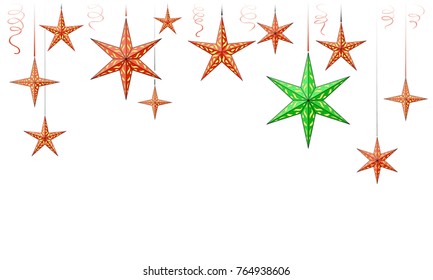 Colored red Christmas stars with one green star, accent, festive ribbons. Isolated vector image on white background.