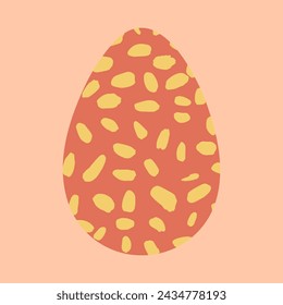 Colored red Easter egg vector illustration. Modern textured egg shape decorated with hand painted yellow brush strokes on pastel pink background. Happy Easter poster, card design. Egg hunt icon
