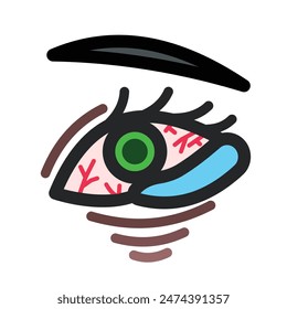 Irritación coloreada de ojos rojos con pupila verde y lágrimas Ilustración de icono contorno de signo aislado sobre fondo blanco cuadrado. Dibujo temático simple de la salud de la conjuntivitis plana.