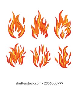 Colored Red orange yellow abstract flame element vector icon set illustration isolated on square white template background. Simple flat high temperature concept cartoon art styled drawing set.