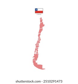 Colored (red) silhouette map of Chile with the outline of regions. Vector illustration with a flag.