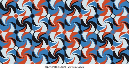 Colored red-blue pattern with swirling patterns. Tiles with colorful funnels. Black and white colors. Design for textile, fabric, clothing, curtain, rug, batik, ornament, background, wrapping.