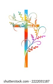 Colored religious cross brushstroke with twigs. Happy easter. Vector illustration