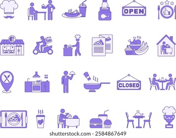 Colored Restaurant Icon Set. Vector Illustrations Food, Chef, Service, Fast Food, Food Preparation, Kitchen, Waiter, Menu, Food Delivery, Cook, Cafeteria, Table and Others