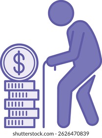 Farbiges Ruhestandssymbol. Pensionär und ein Stapel von Dollar-Münzen. Persönliches Finanzkonzept