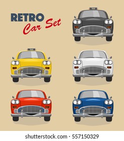Colored Retro Car Set . Black, white, green, red, blue car an New York taxi. Front view.