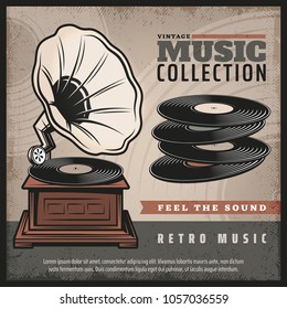 Colored retro gramophone poster with turntable or phonograph and vinyl records in vintage style vector illustration