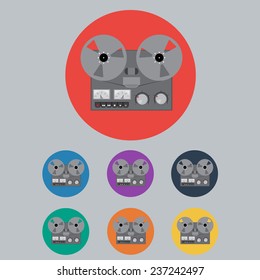 Colored Retro Portable Reel to Reel Tube Tape Recorder Set. Vector Illustration