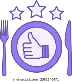Colored Review Icon. Vector Icon. Establishment Rating. Fork, Knife, Plate, and Three Stars. Thumbs Up, Like. Restaurant Concept
