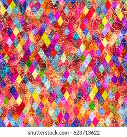 Colored rhombus on chaotic background. Vector texture. Abstract seamless pattern for fabric, wrapping, home decor.