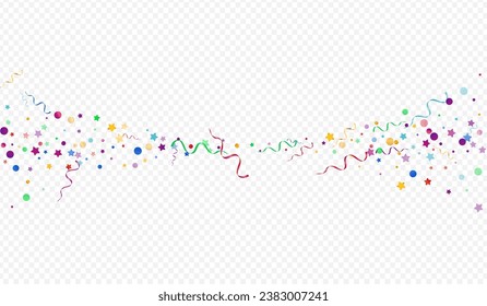 Colored Ribbon Decoration Vector Panoramic Transparent Background. Anniversary Circles Design. Particles Carnival Template. Bright Happy Illustration.