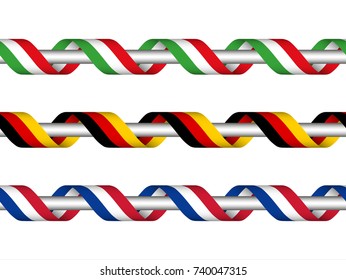 Colored ribbon with the Italian , German and French tricolor, symbol of the Italian, German and Frech flag isolated on white background, sign Made in Italy, Made in Germany, Made in France