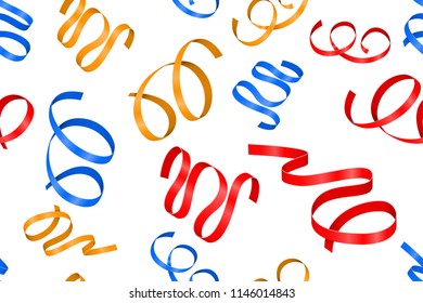 Colored ribbon streamers. Seamless pattern. Vector 3d illustration isolated on white background