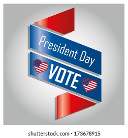 a colored ribbon with white text and a pair of hearts for president day