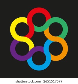 Colored ring icon. Interlinked loop Vector. Hexagonal chain unity. Dark backdrop contrast.