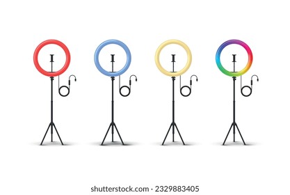 Colored ring lamps on tripod tools for selfie photo and video blogger equipment set realistic vector illustration. Neon round stand red blue yellow and multicolored illuminated circle contour light