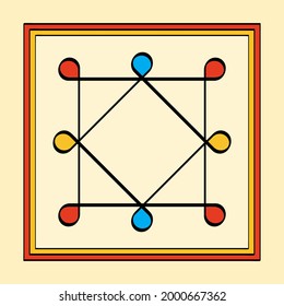 Colored Ring of Solomon in a square frame, a yantra on yellowish background. Two overlapping squares with eight looped corners. Ancient symbol, used as protection on a ring, amulet or talisman. Vector