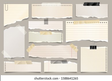 Colored ripped lined paper strips collection. Realistic paper scraps with torn edges and adhesive tape. Sticky notes, shreds of notebook pages. Vector illustration.