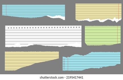 Coloridas tiras de papel alineadas. Desechos de papel realistas con bordes rotos. Notas pegajosas, fragmentos de páginas de cuadernos. Ilustración vectorial.