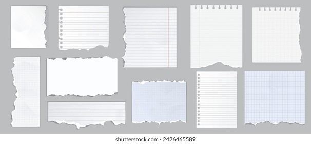 Colección de tiras de papel rayadas de colores. Desechos de papel realistas con bordes rotos. Notas rápidas, fragmentos de páginas de bloc de notas. Ilustración vectorial.