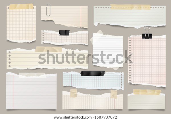 Colored ripped lined paper\
strips collection. Realistic paper scraps with torn edges and\
adhesive tape. Sticky notes, shreds of notebook pages. Vector\
illustration.