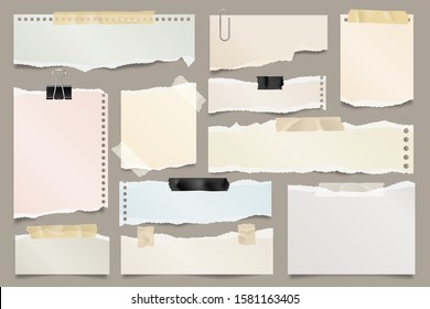 Colored ripped paper strips collection. Realistic paper scraps with torn edges and adhesive tape. Sticky notes, shreds of notebook pages. Vector illustration.