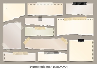 Colored ripped paper strips collection. Realistic paper scraps with torn edges and adhesive tape. Sticky notes, shreds of notebook pages. Vector illustration.